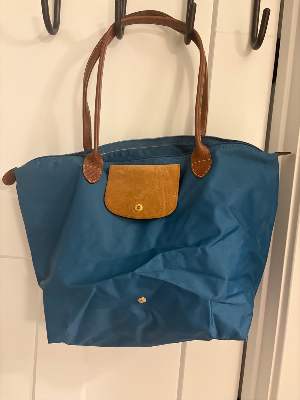 Longchamp Teal Nylon Tote with Brown Leather Trim